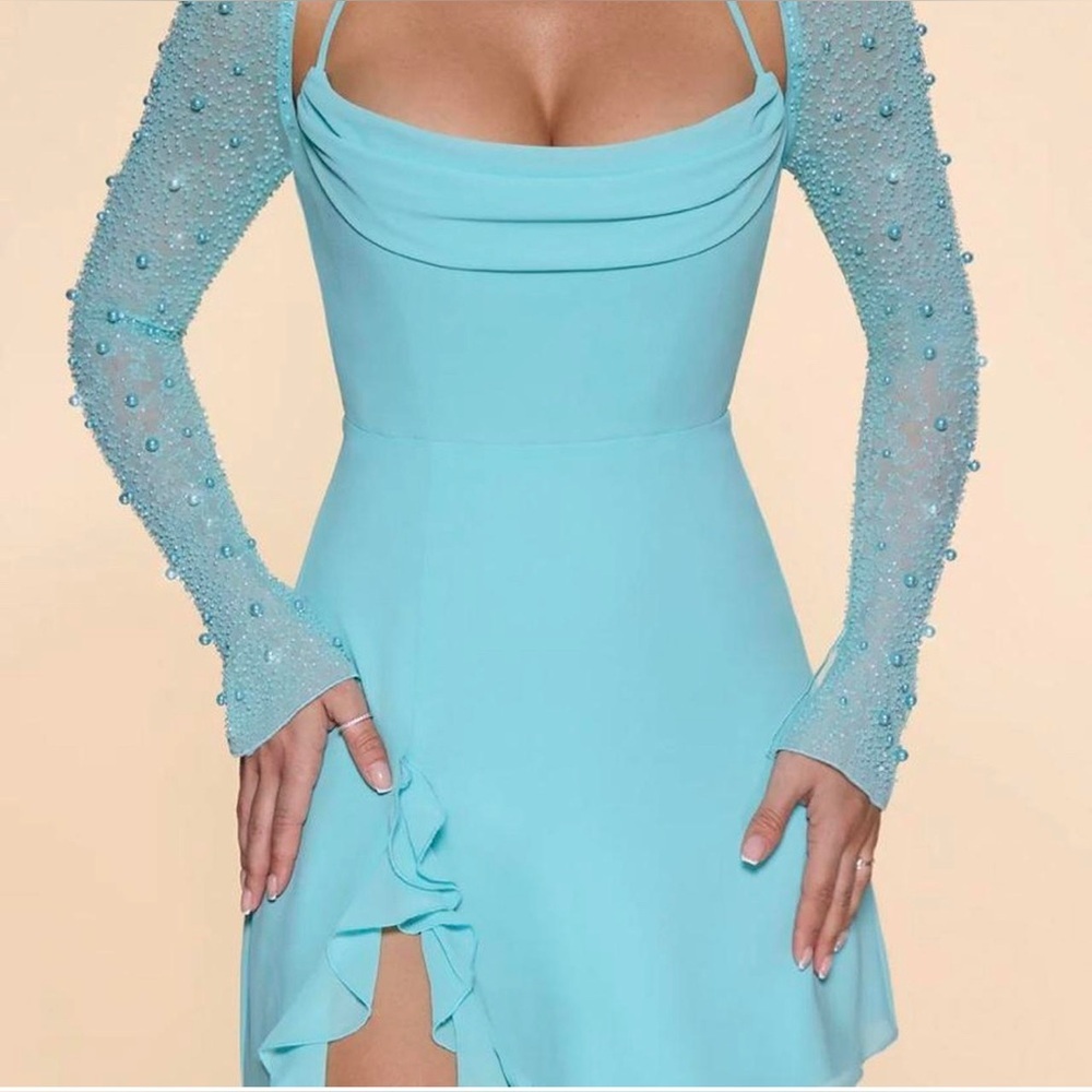 Oh Polly Light Blue Beaded Long Sleeve Dress - Picture 2 of 7